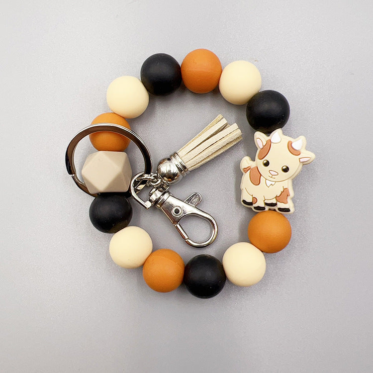 Wholesale Cartoon Small Animal Yak Silicone Beaded Bracelet Short Tassel Keychain